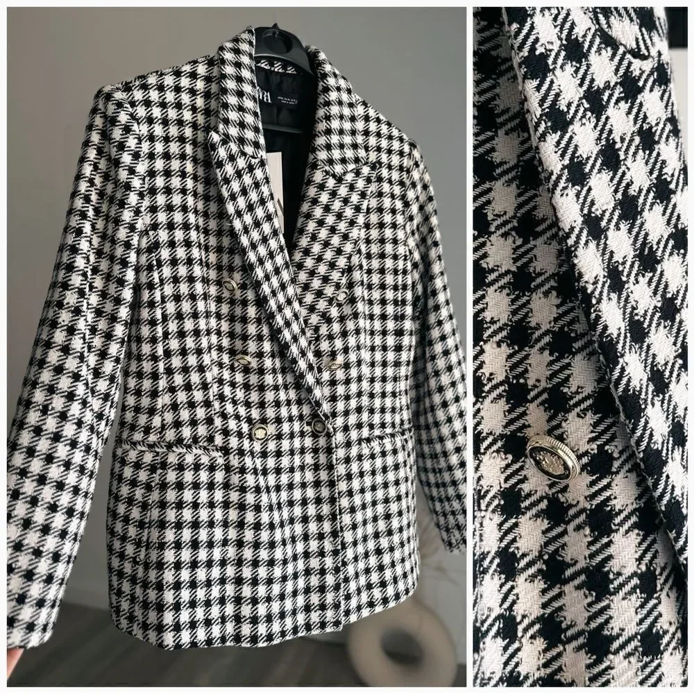 Zara Plaid Double Breasted Blazer New